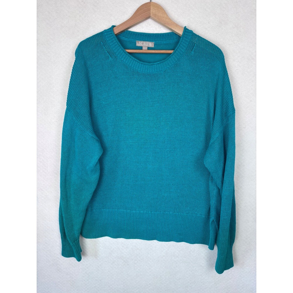 J.Crew Womens Roll Neck Teal Cotton Linen Blend Sweater Large Fisherman Coastal